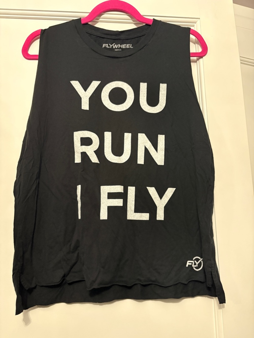 Flywheel Black Tank Top with White Text - "YOU RUN I FLY"